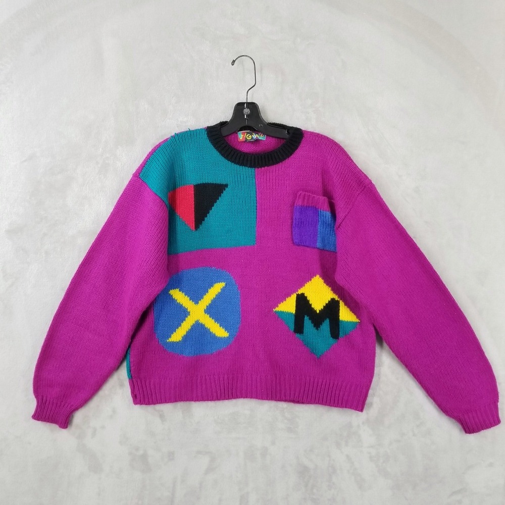 Vtg Jigsaw Sweater Women Medium Colorful Colorblock Geometric 80s Retro Kidcore